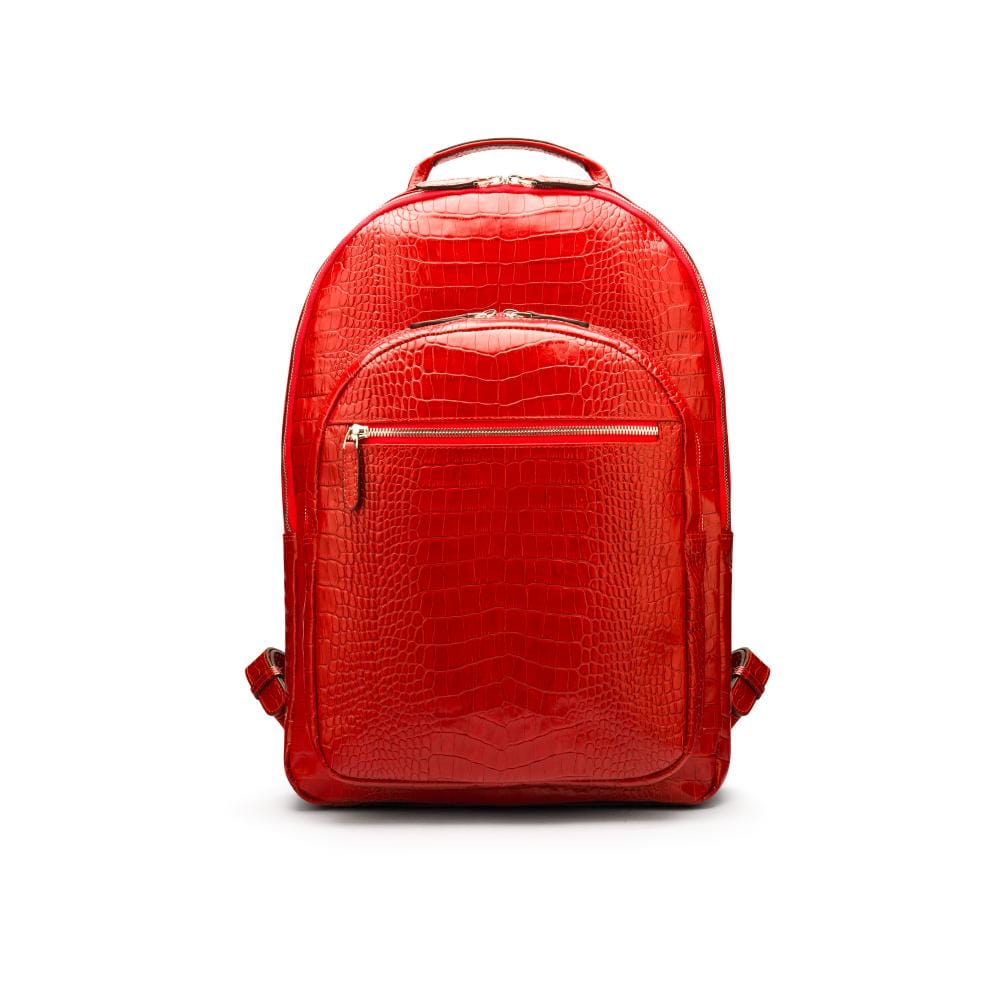 Men's leather 15" laptop backpack, red croc-effect, front