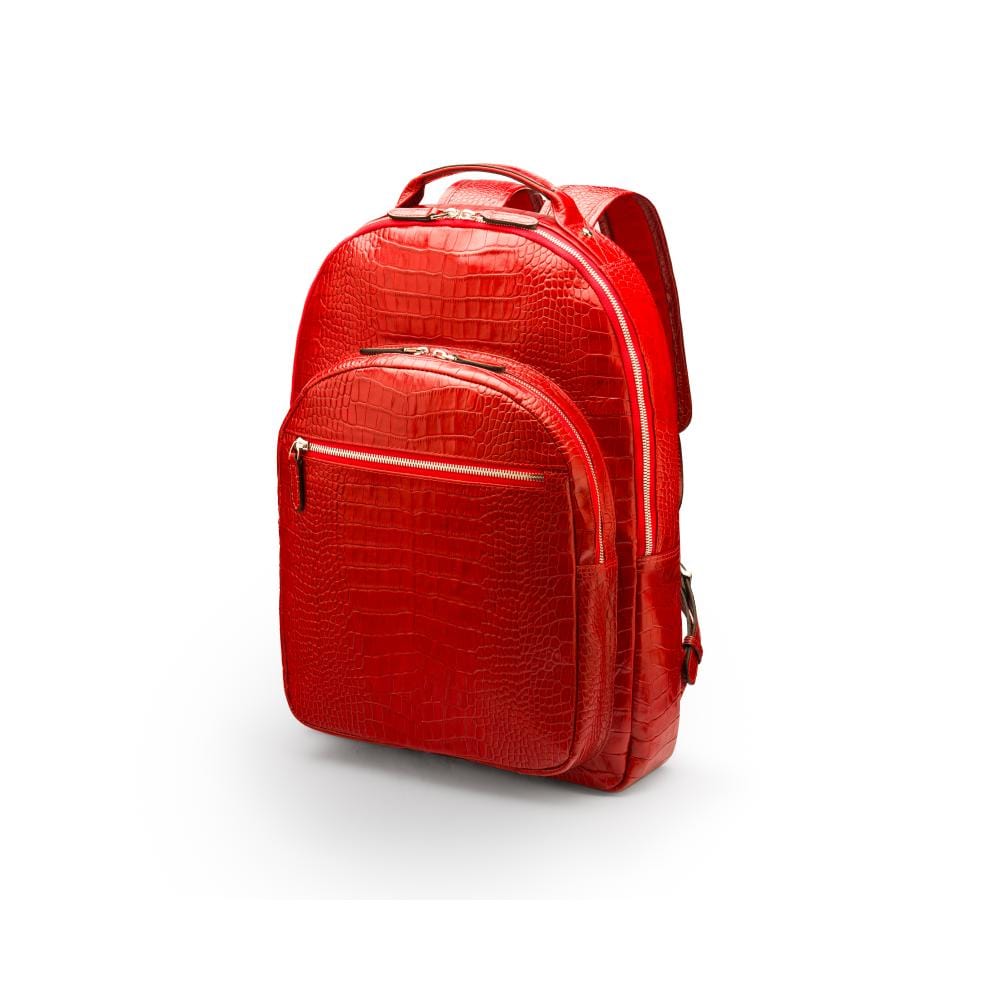 Men's leather 15" laptop backpack, red croc-effect, side