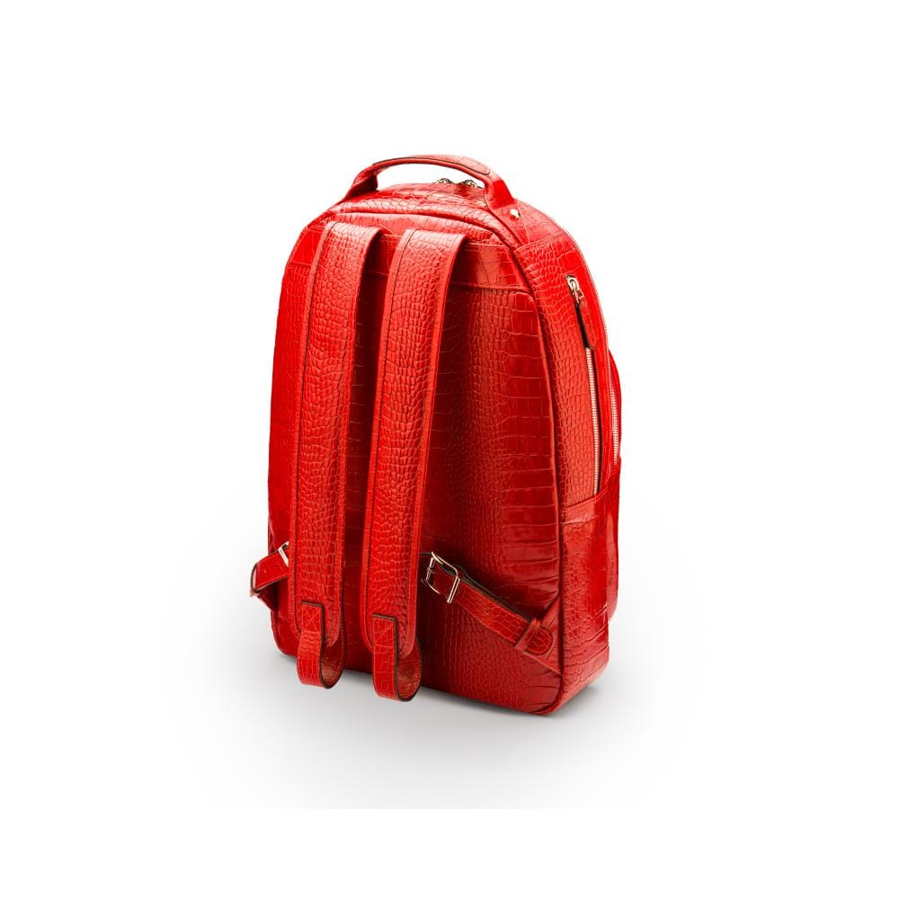 Men's leather 15" laptop backpack, red croc-effect, back side view
