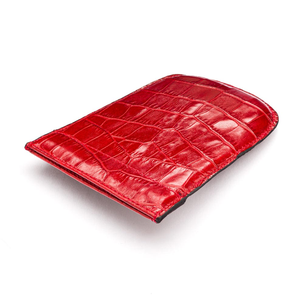Leather key case with squeeze spring opening, red croc, closed