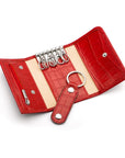 Leather key case, red croc, open