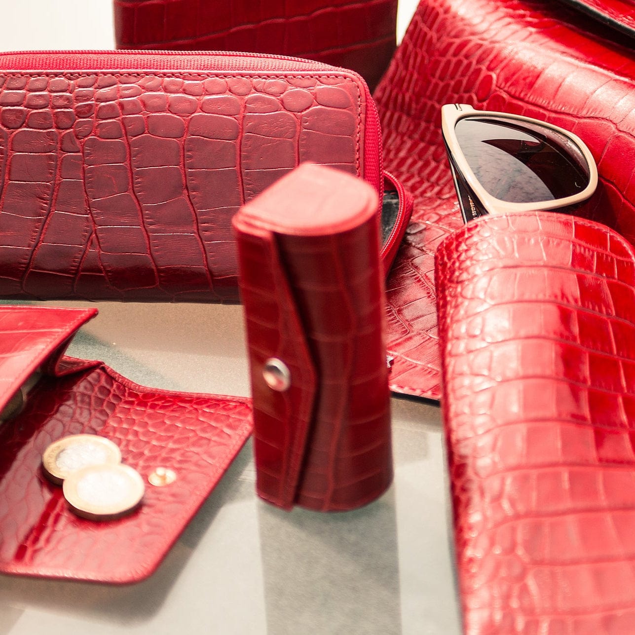 Leather lipstick case, red croc, lifestyle