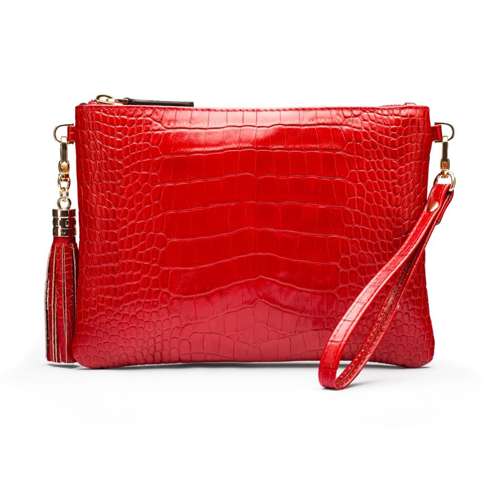 Leather cross body bag with chain strap, red croc, front