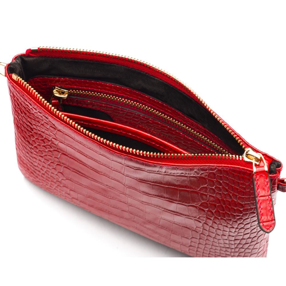 Leather cross body bag with chain strap, red croc, inside