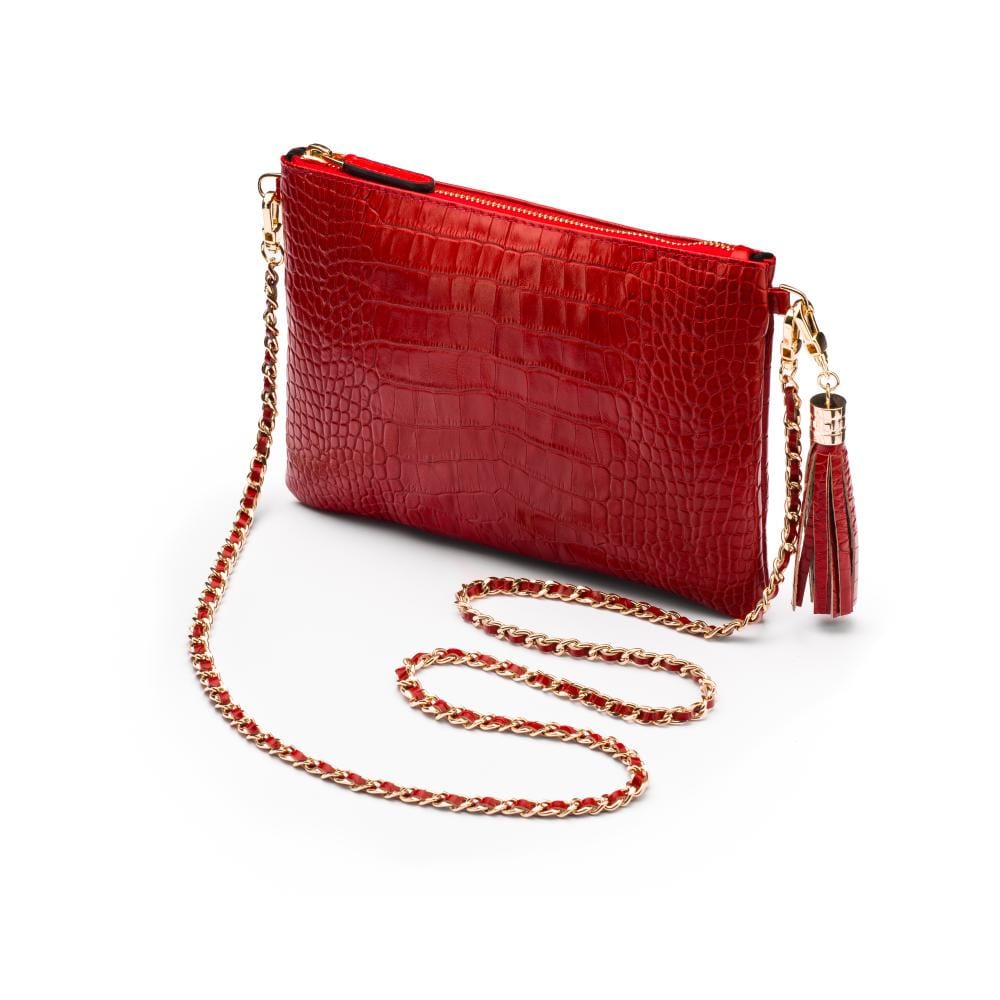 Leather cross body bag with chain strap, red croc