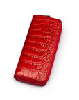 Leather zip around triple pen case, red croc, front