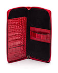Leather zip around triple pen case, red croc, open