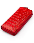 Leather zip around triple pen case, red croc, side