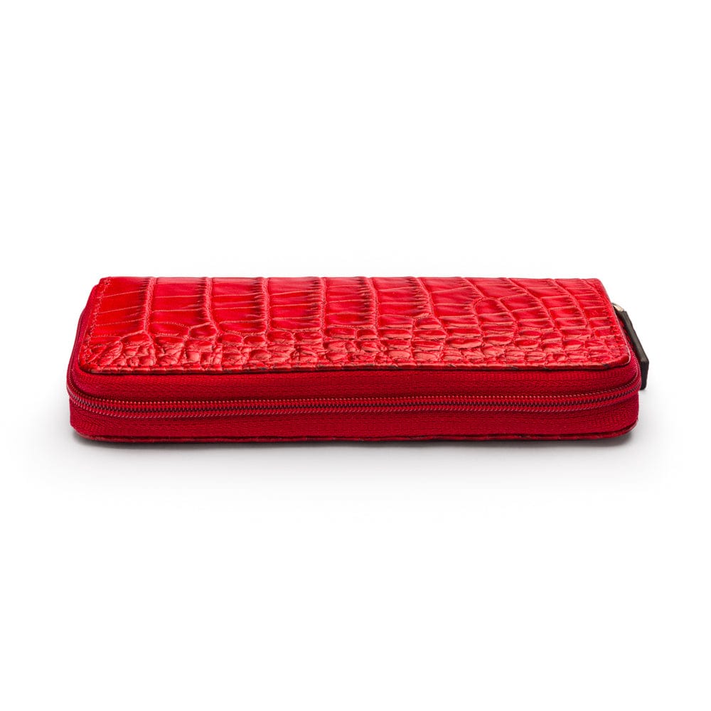Leather zip around triple pen case, red croc, zip
