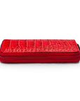 Leather zip around triple pen case, red croc, zip
