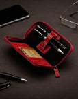 Leather zip around triple pen case, red croc, lifestyle