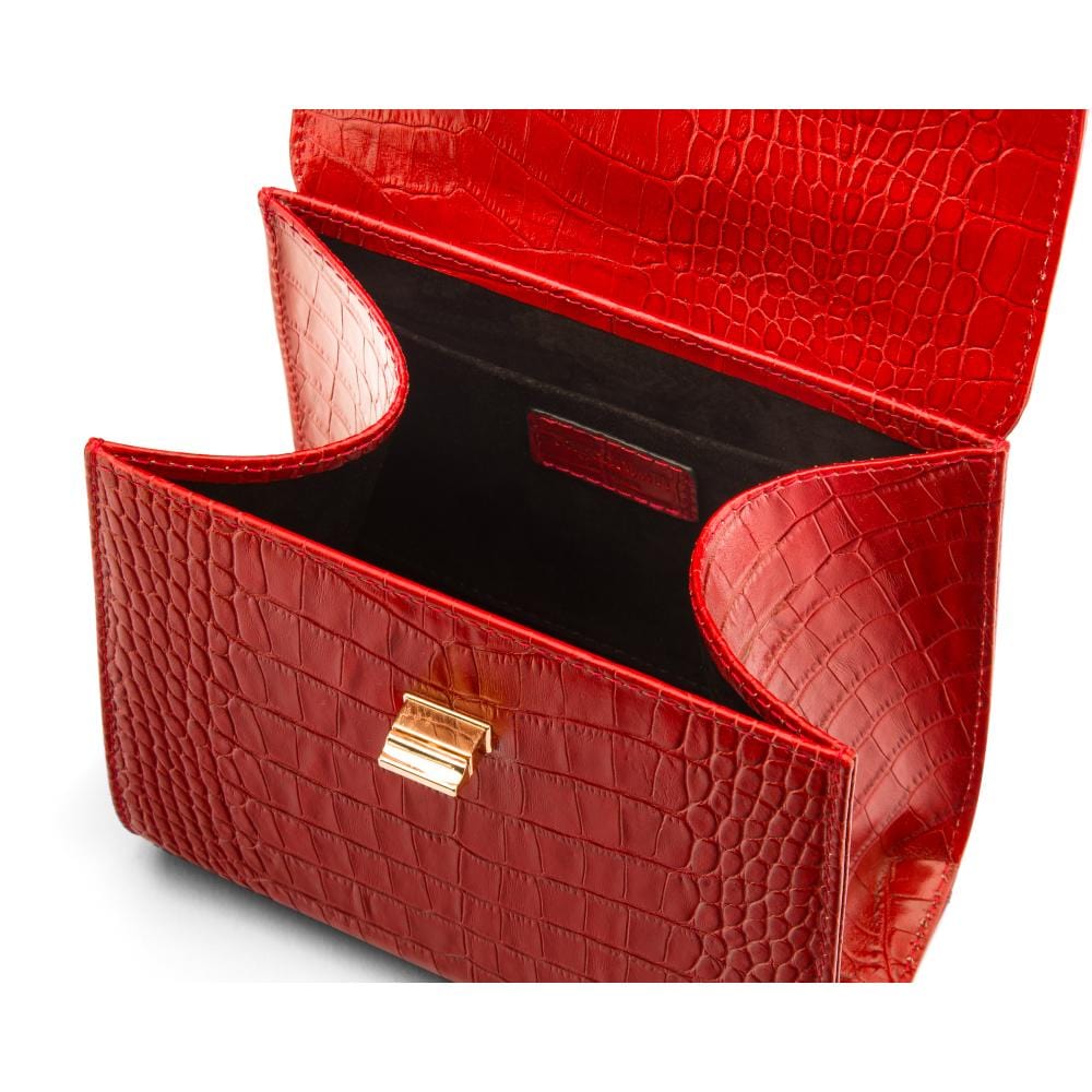 Mini leather Morgan Bag, top handle bag, red croc, inside