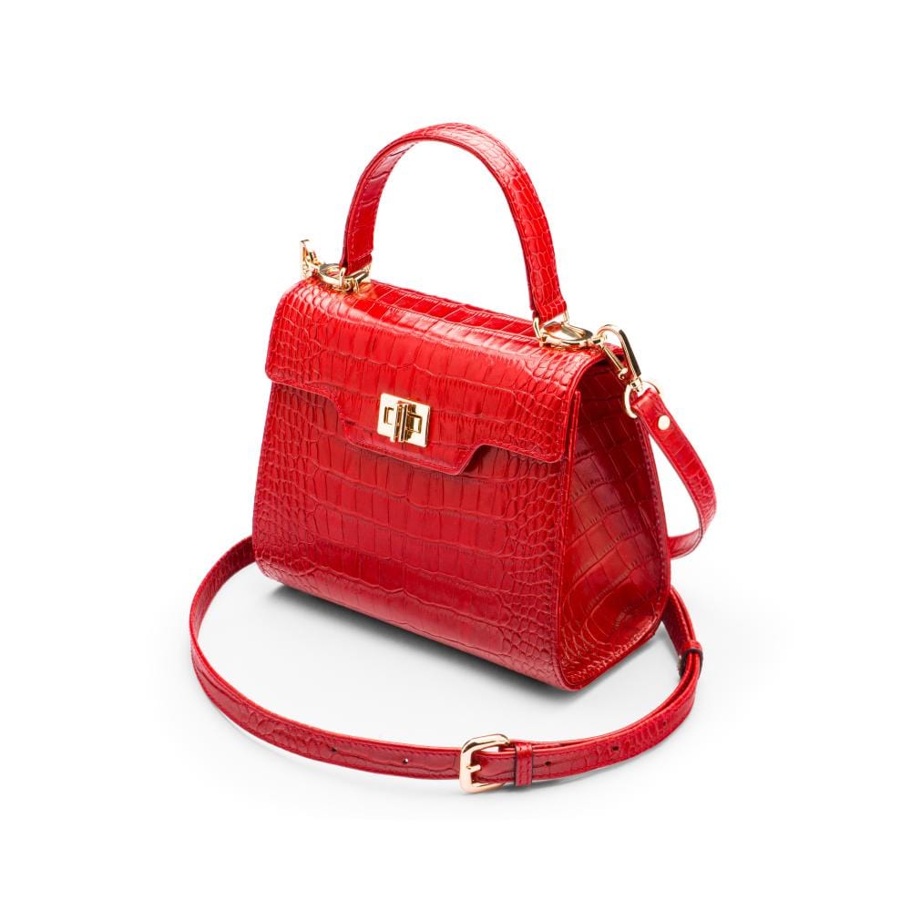Mini leather Morgan Bag, top handle bag, red croc, side view