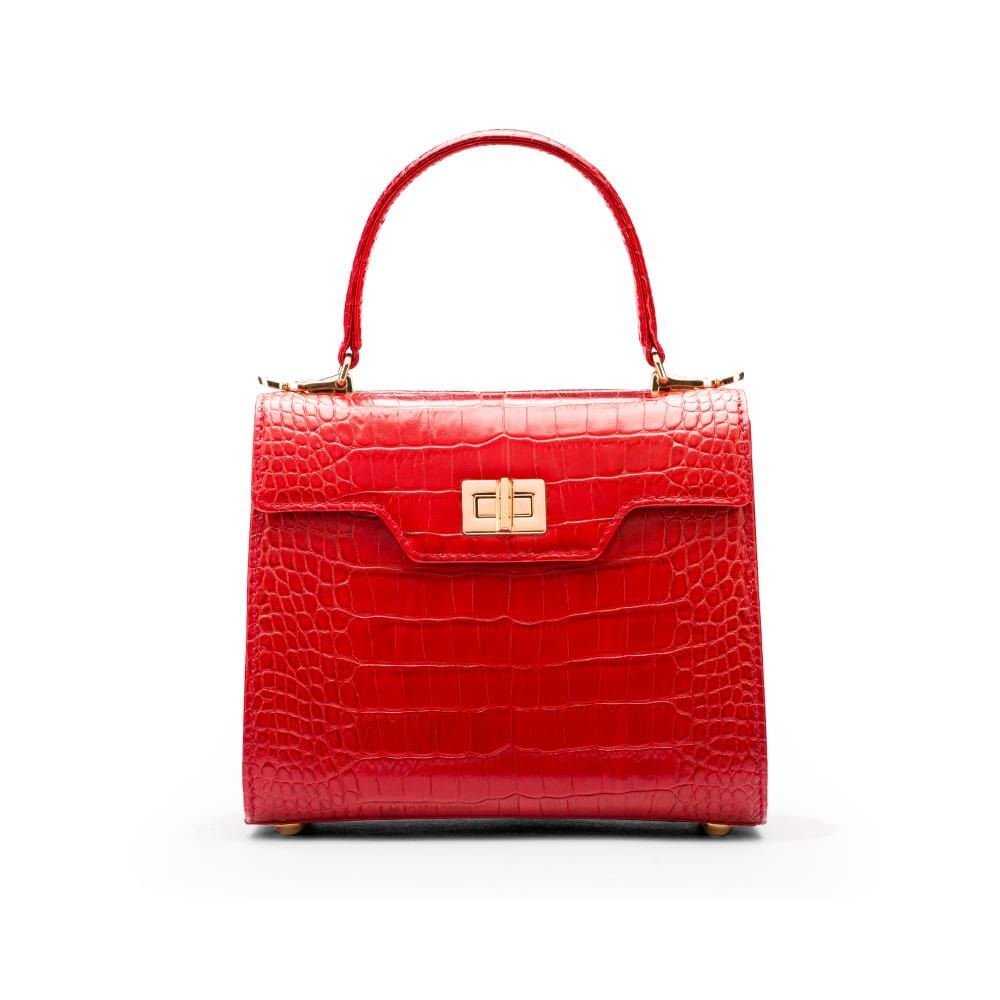 Mini leather Morgan Bag, top handle bag, red croc, front