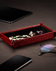 Rectangular leather valet tray, red croc with black, lifestyle
