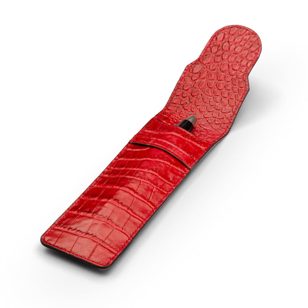 Single leather pen case, red croc, open