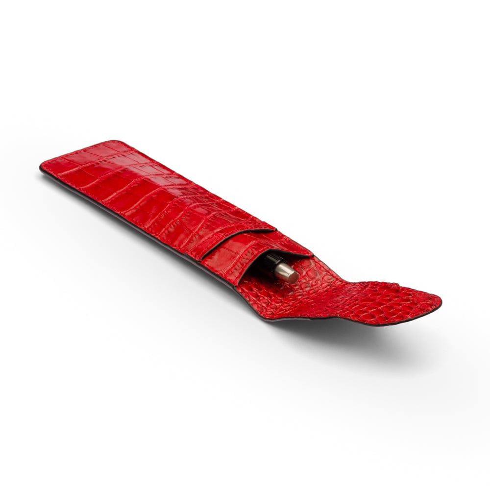 Single leather pen case, red croc, inside