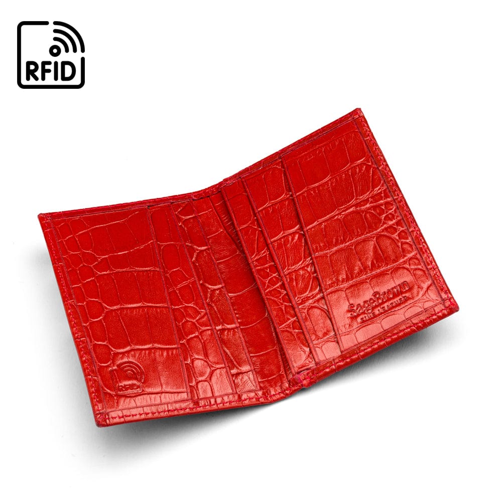 RFID leather credit card holder, red croc, open