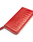 Tall leather zip around accordion purse, red croc, front