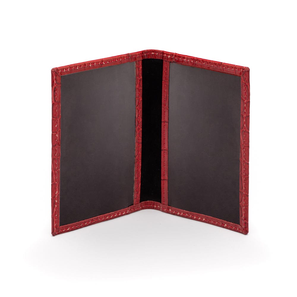 Leather travel card wallet, red croc with black, inside