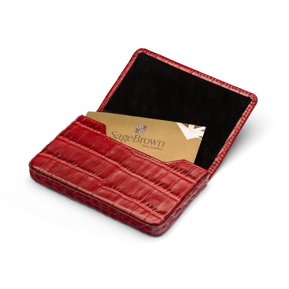 Leather business card holder with magnetic closure, red croc, inside