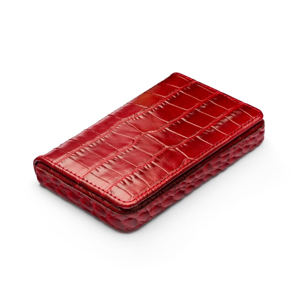 Leather business card holder with magnetic closure, red croc, front