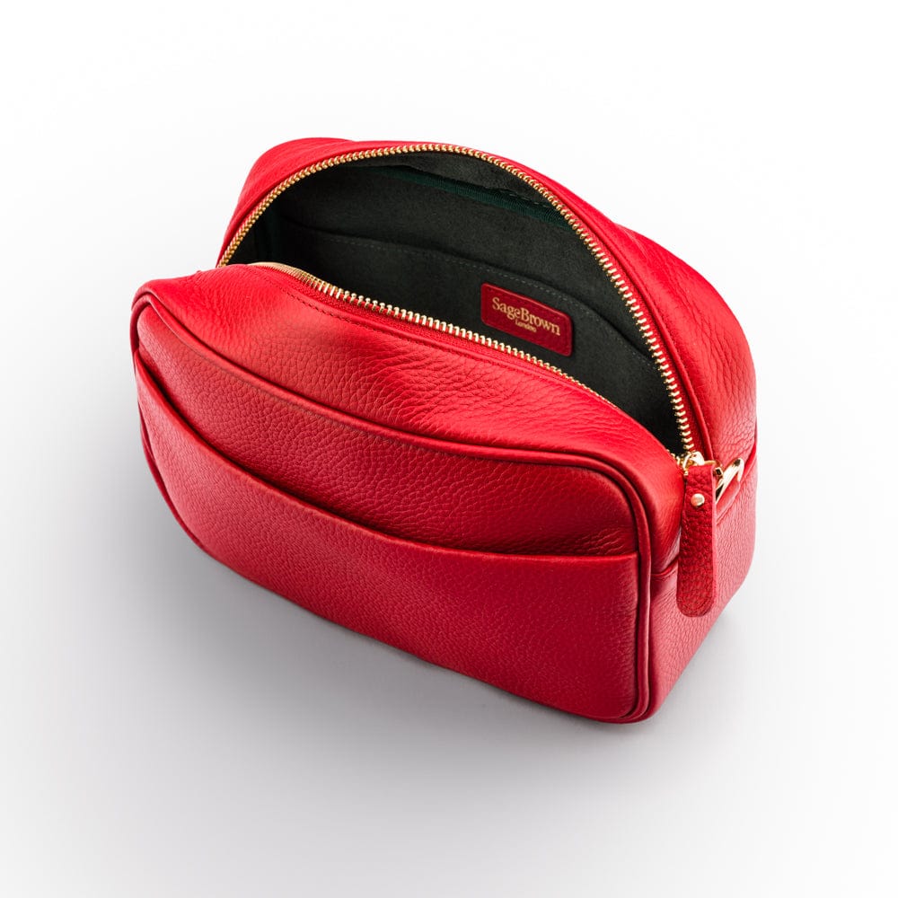 Leather cross body camera bag, red, front inside