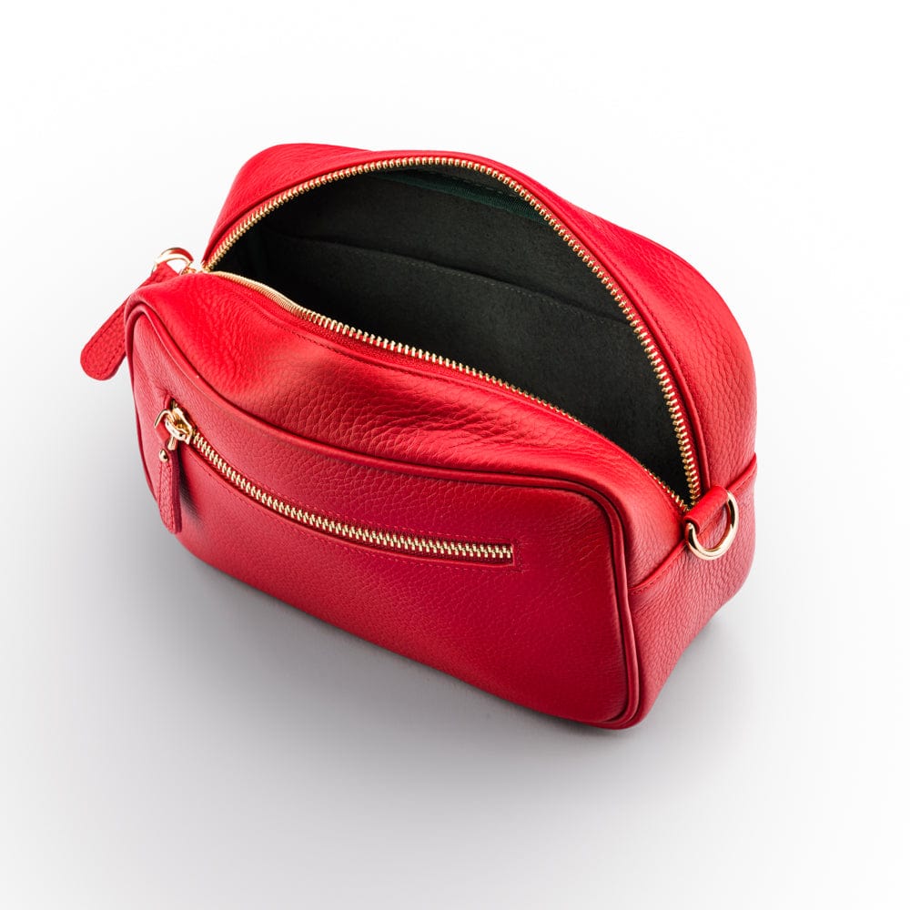 Leather cross body camera bag, red, back inside