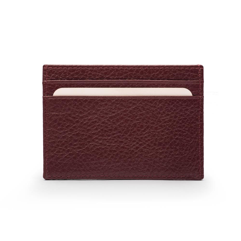 Flat leather credit card wallet 4 CC, burgundy pebble grain, front