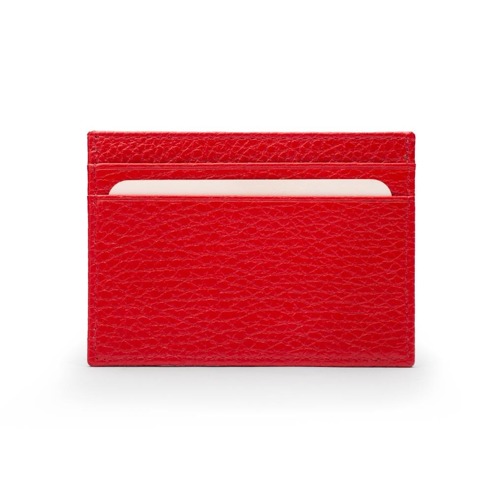 Flat leather credit card wallet 4 CC, red pebble grain, front