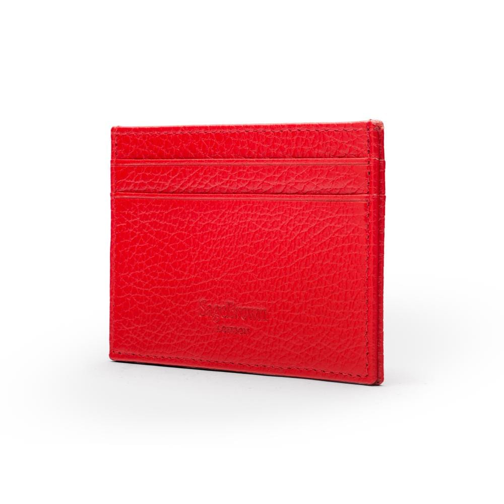Flat leather credit card wallet 4 CC, red pebble grain, back