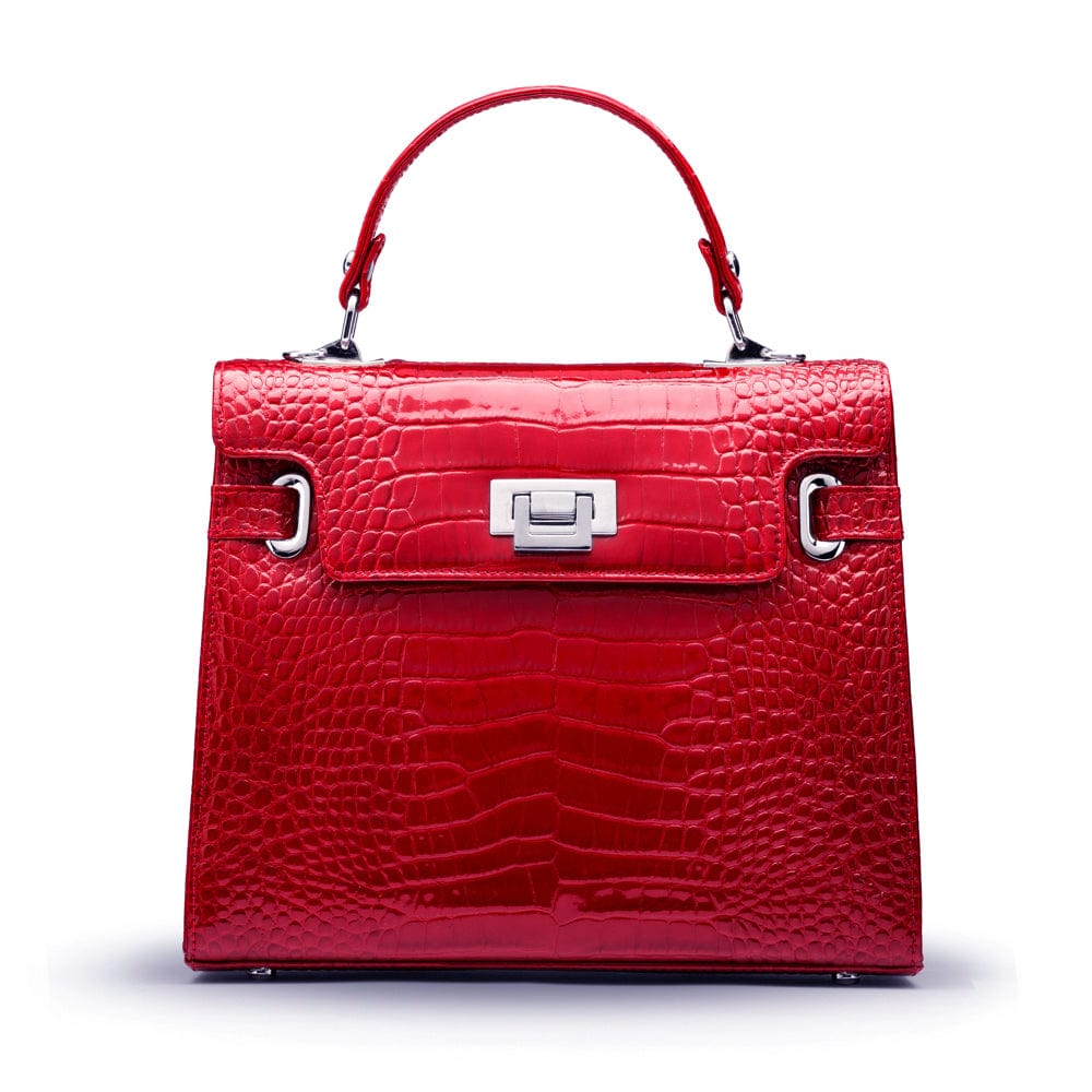 Leather Catherine top handle bag, red patent croc, front