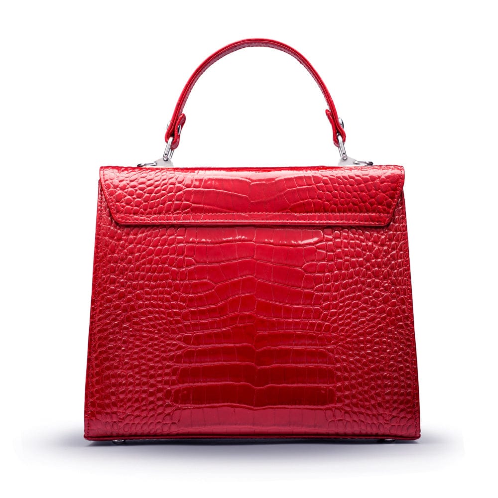 Leather Catherine top handle bag, red patent croc, back