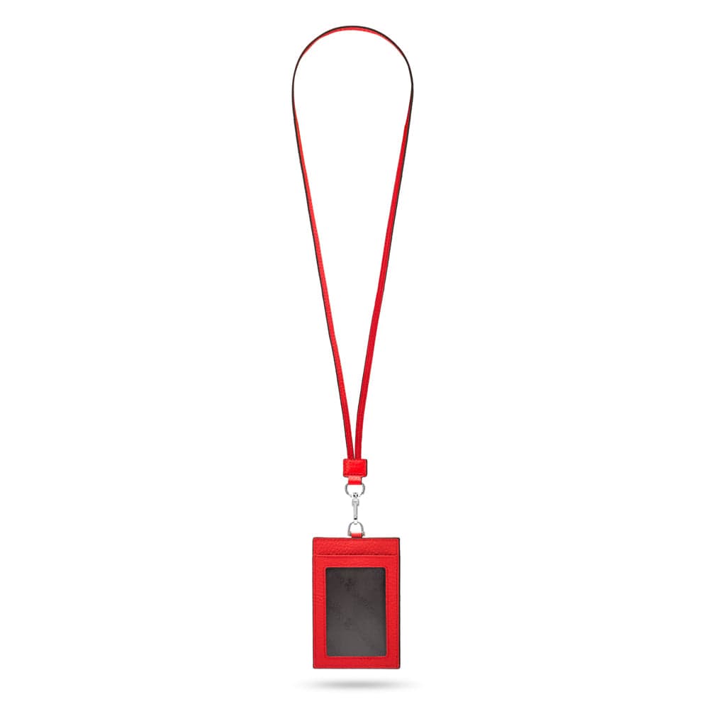 Leather lanyard ID card holder, red, full length