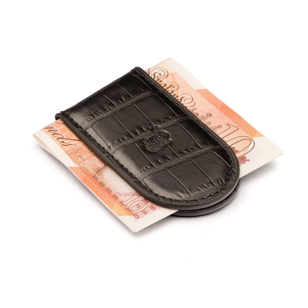 Leather Magnetic Money Clip, black croc, with cash