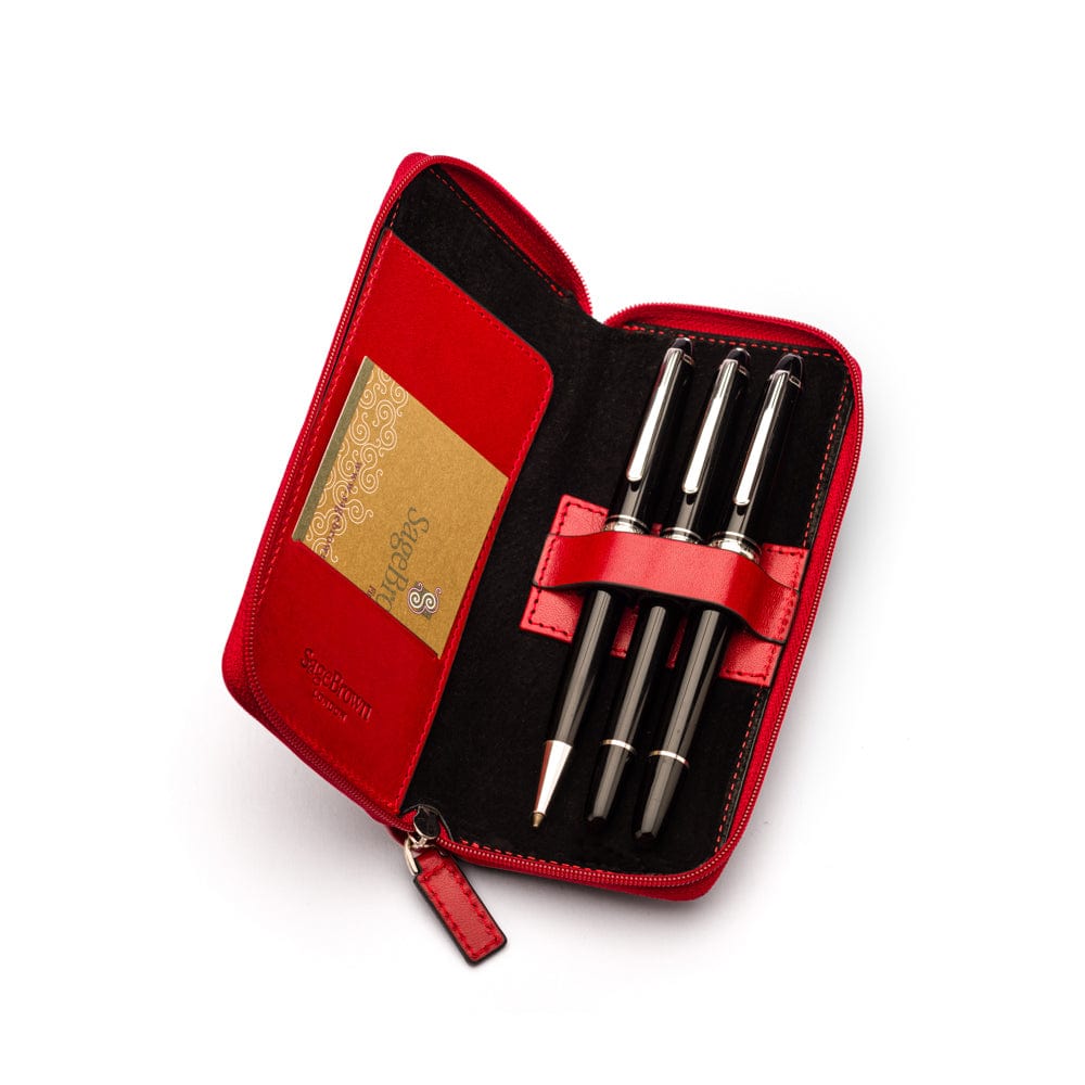 Leather zip around triple pen case, red, inside