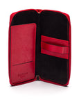 Leather zip around triple pen case, red, open