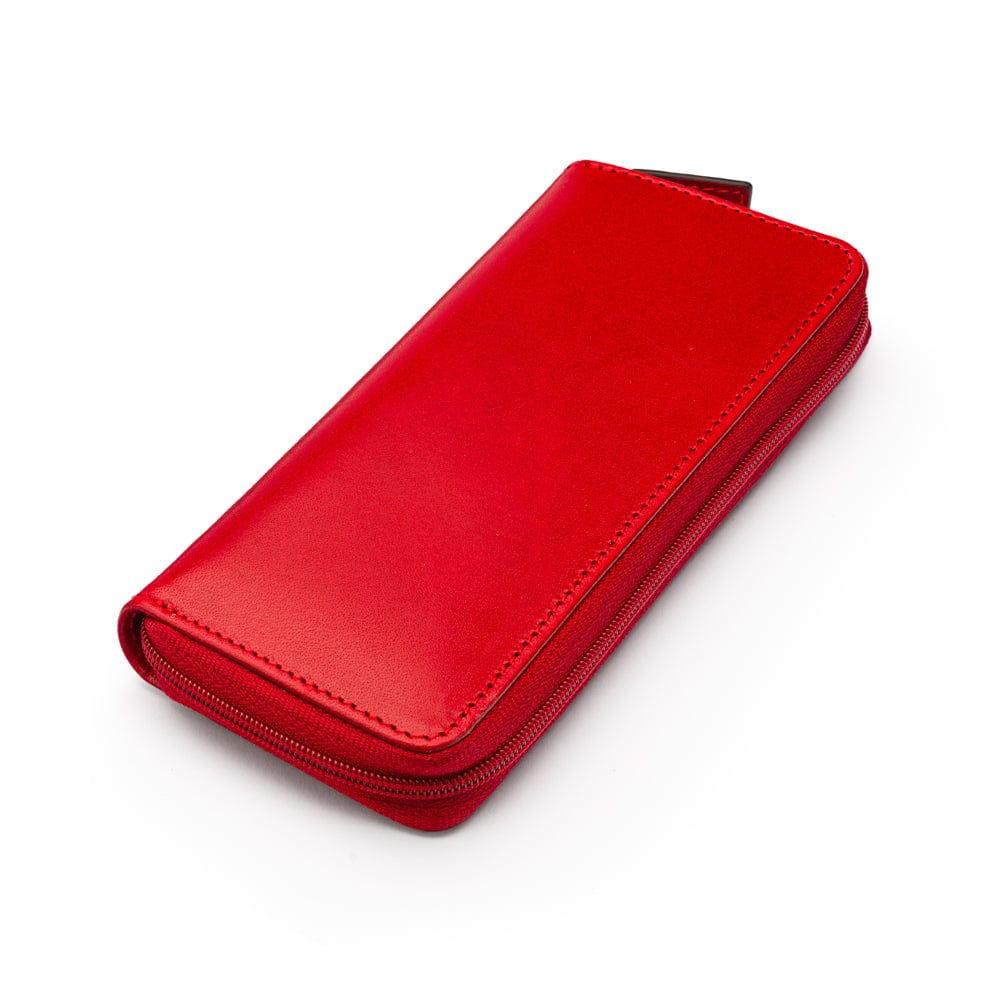 Leather zip around triple pen case, red, side