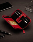 Leather zip around triple pen case, red, lifestyle