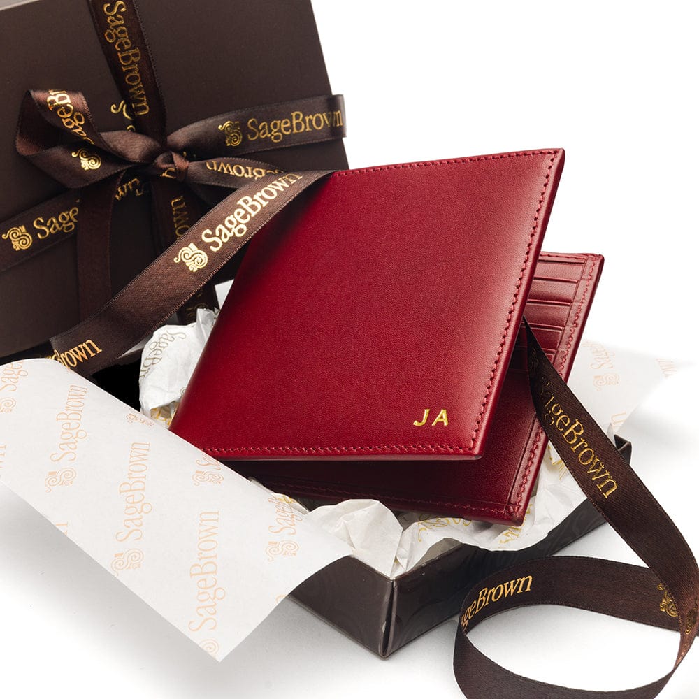 Men's leather billfold wallet, red, personalised