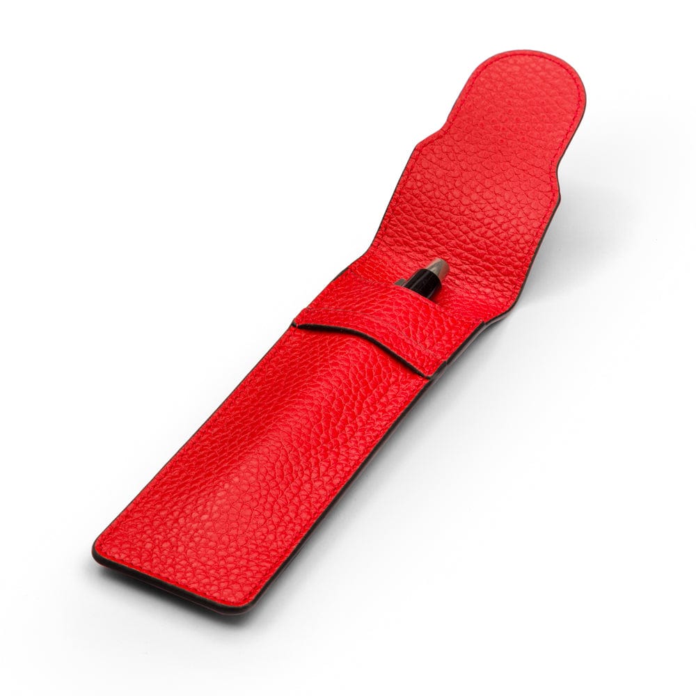 Single leather pen case, red pebble grain, open