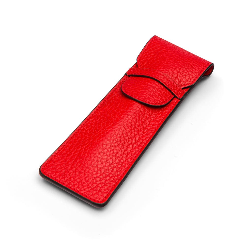 Single leather pen case, red pebble grain, front
