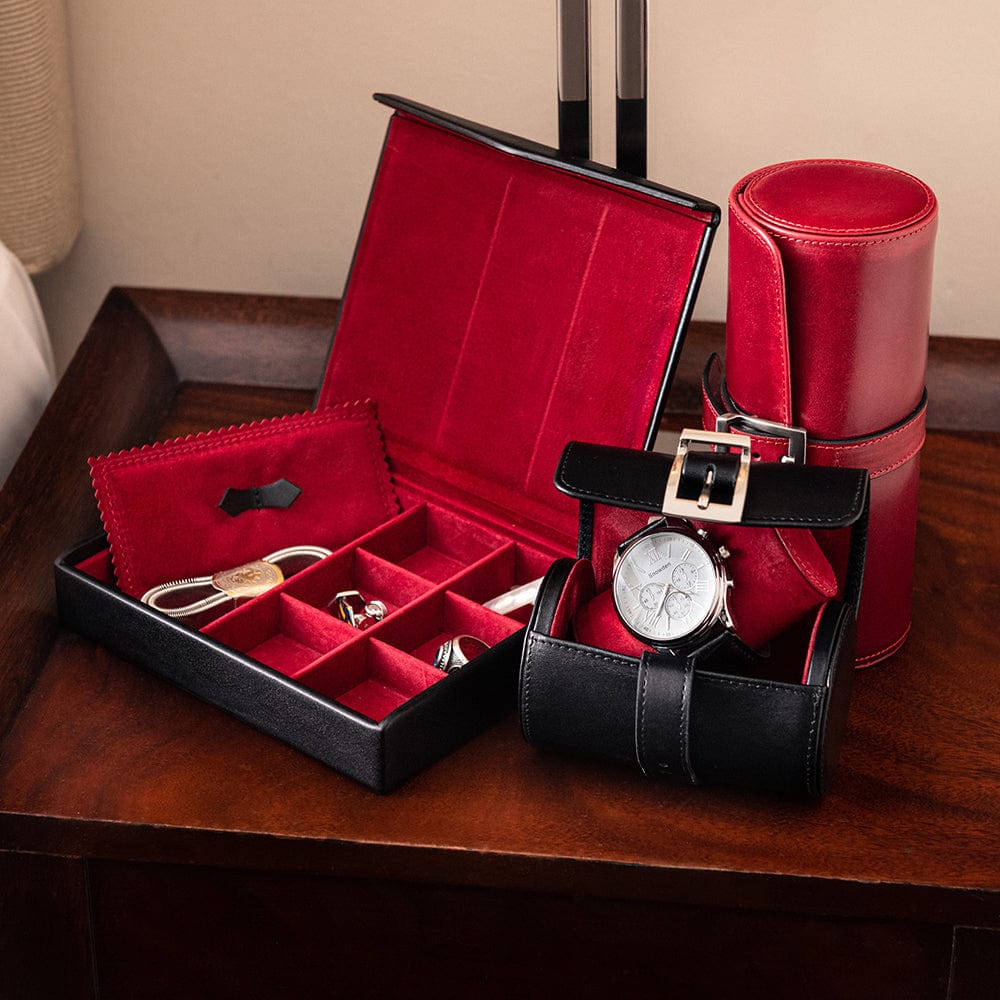 Large leather watch roll, red, lifestyle