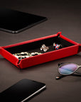 Rectangular leather valet tray, red with black, lifestyle image