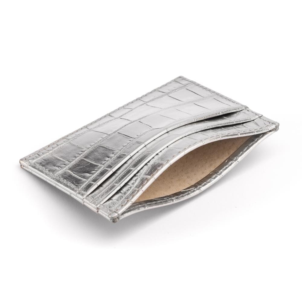 Flat Leather Card Holder, Silver Croc | Card Cases | SageBrown
