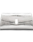 Leather clutch bag, silver croc, front view