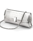 Leather clutch bag, silver croc, with long chain strap