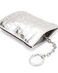 Leather key case with squeeze spring opening, silver croc, with key chain