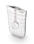 Leather key case with squeeze spring opening, silver croc