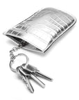 Leather key case with squeeze spring opening, silver croc, open